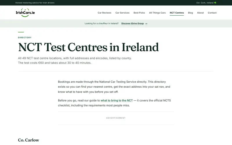 NCT Test Centres in Ireland directory page