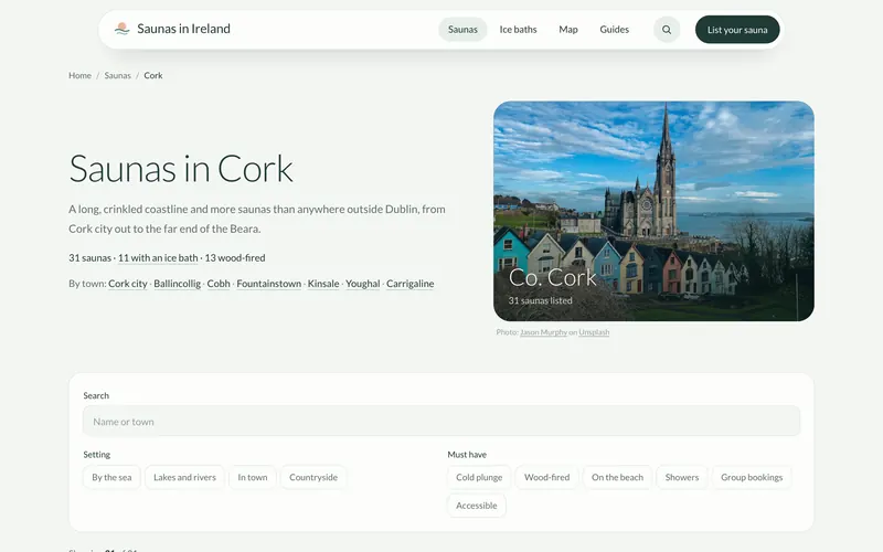Saunas in Cork county page with a photo of Cobh, town links and filters