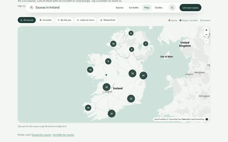 Map of Ireland with clustered sauna pins and filter buttons