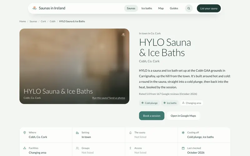 A sauna listing page with description, features, booking button and a facts grid